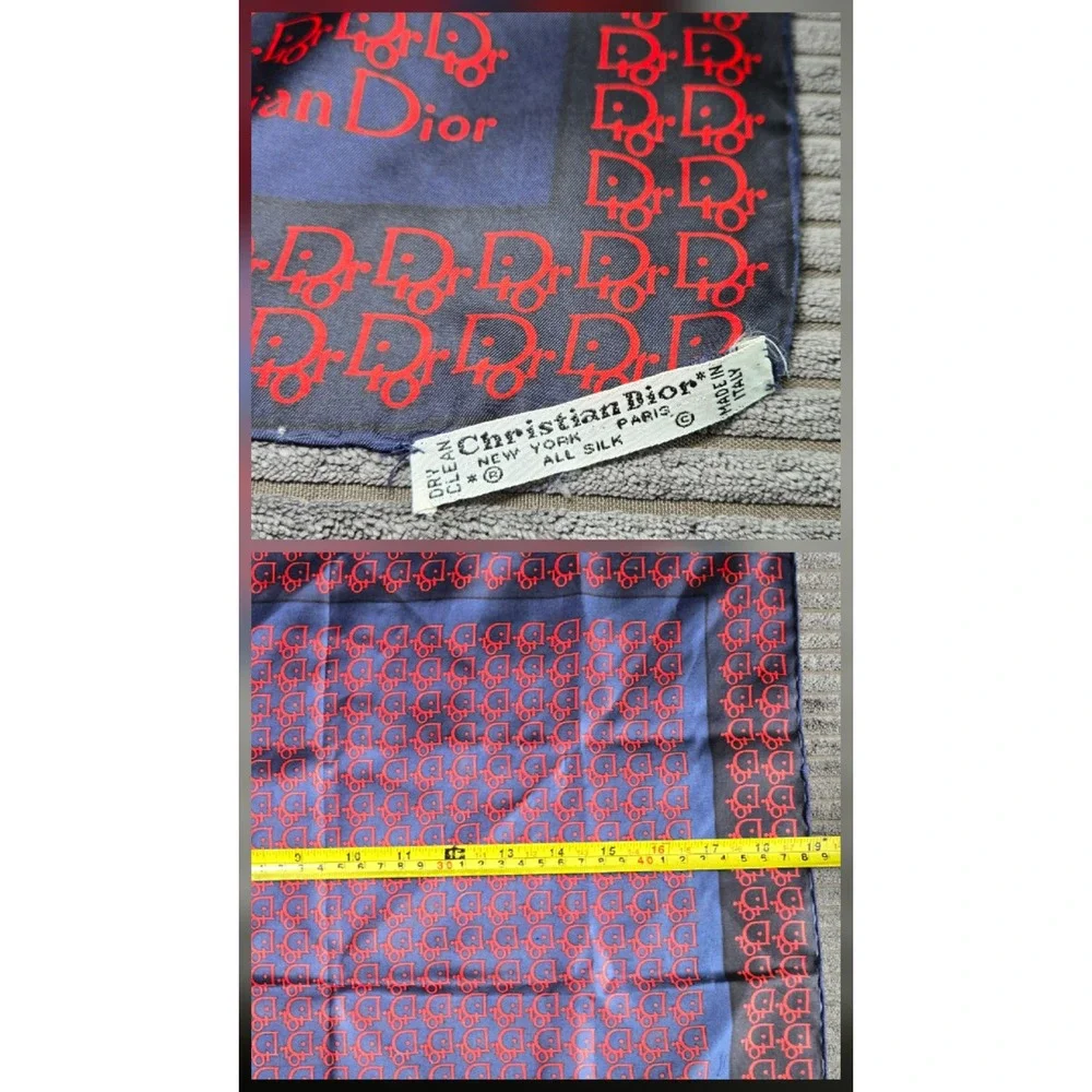 Christian Dior Vintage Silk Scarf Navy Blue Red Trotter Oblique Logo Scarf